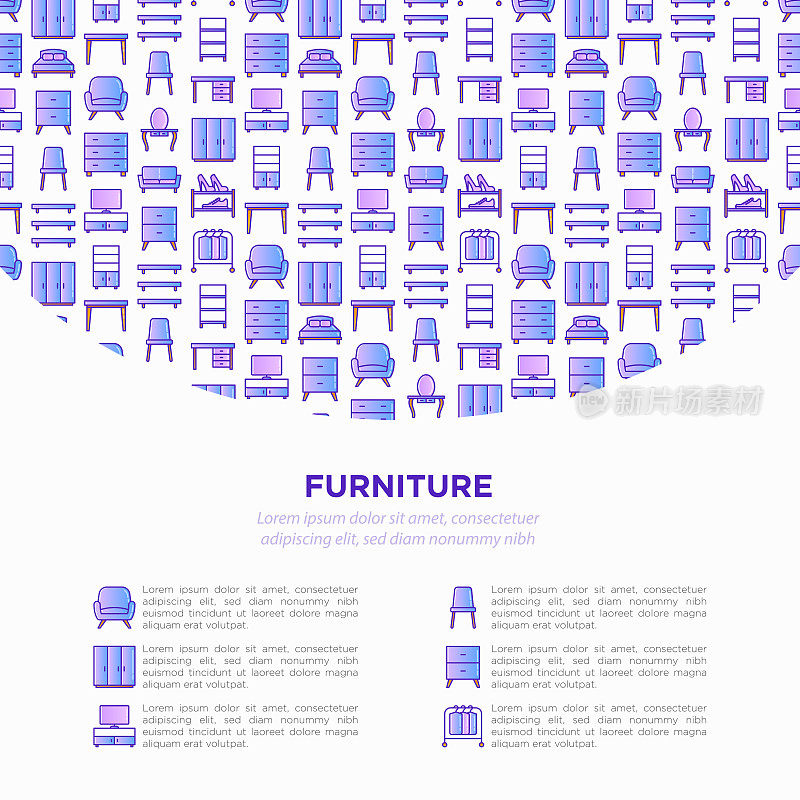 Furniture concept with thin line icons: dressing table, sofa, armchair, wardrobe, chair, table, bookcase, bed, clothes rack, desk. Elements of interior. Vector illustration, print media template.